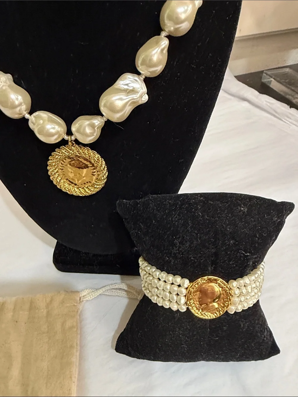 J. Crew White Pearl Necklace and bracelet with Gold Medallion